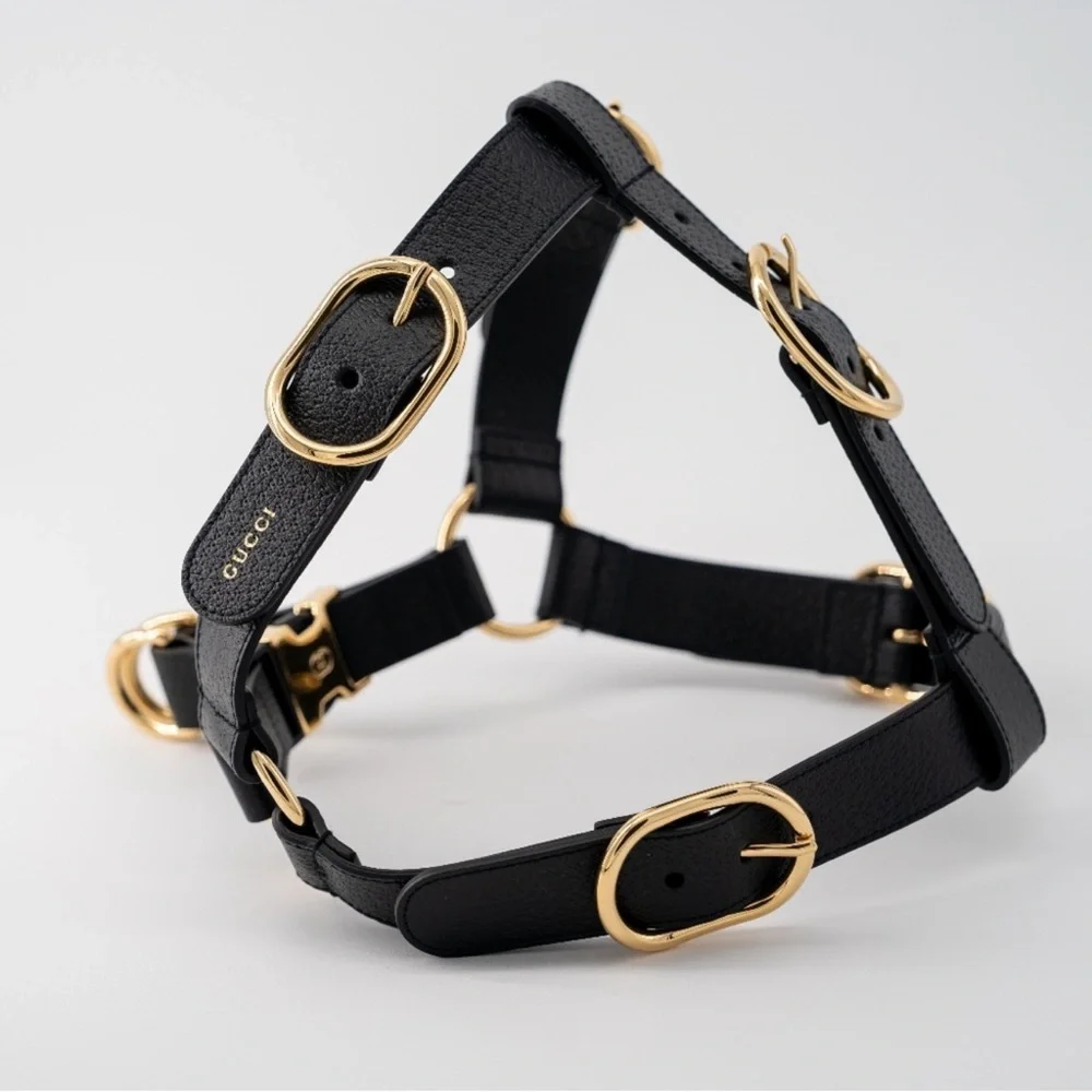 NWB Gucci GG Logo Leather Pet - Dog Black Harness Size L